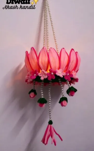 Pink chenille lotus Akash kandil lantern for Diwali