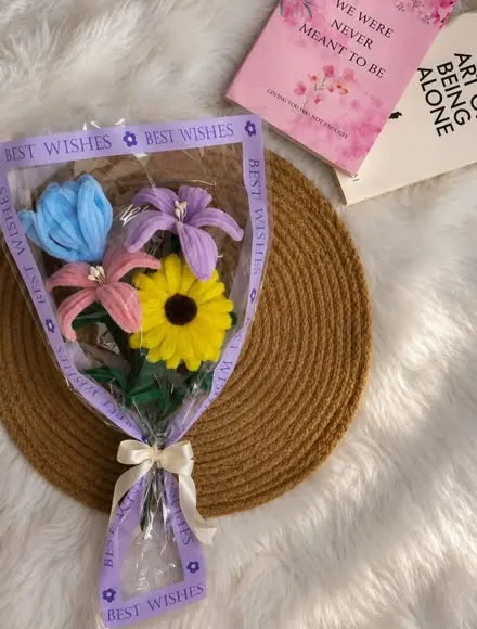 Mixed chenille bouquet with tulip, lily and sunflower in lilac wrap